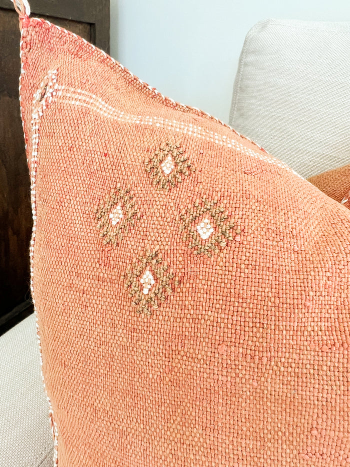 Artisanal Handmade Moroccan embroidered cactus silk sabra pillow orange handwoven