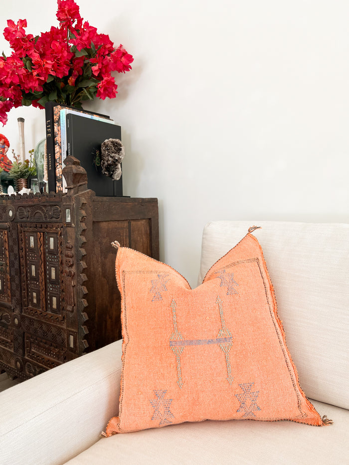 Artisanal Handmade Moroccan embroidered cactus silk sabra pillow orange handwoven