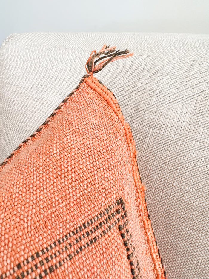 Artisanal Handmade Moroccan embroidered cactus silk sabra pillow orange handwoven