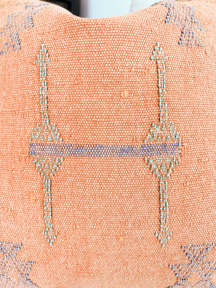 Artisanal Handmade Moroccan embroidered cactus silk sabra pillow orange handwoven