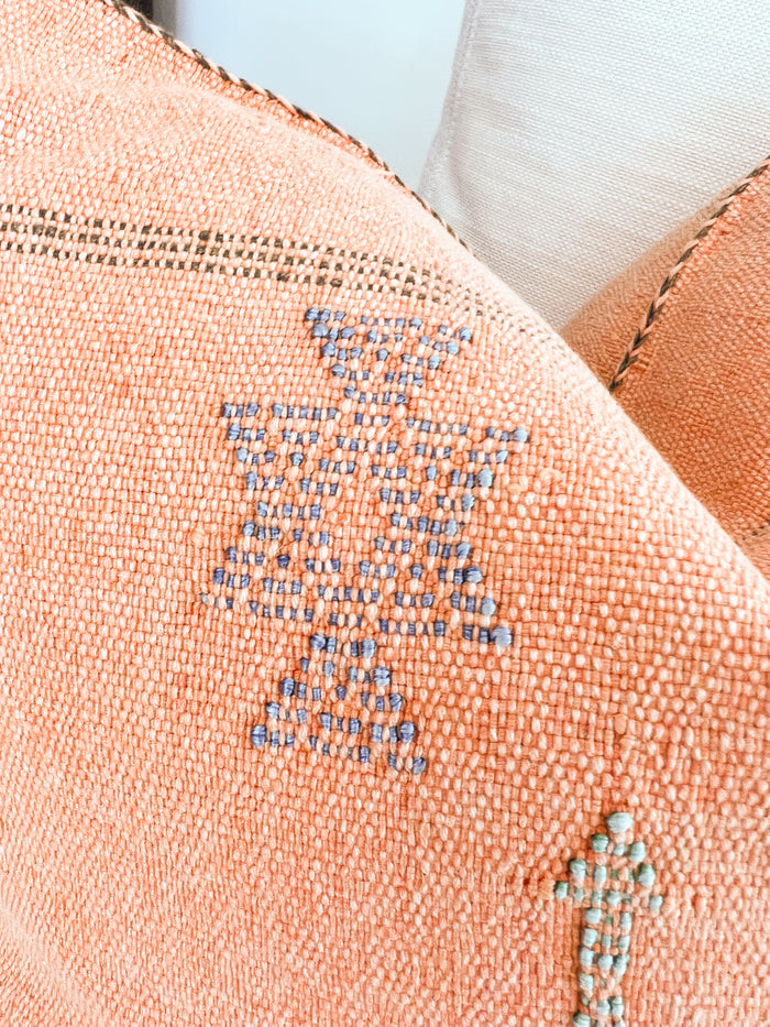 Artisanal Handmade Moroccan embroidered cactus silk sabra pillow orange handwoven