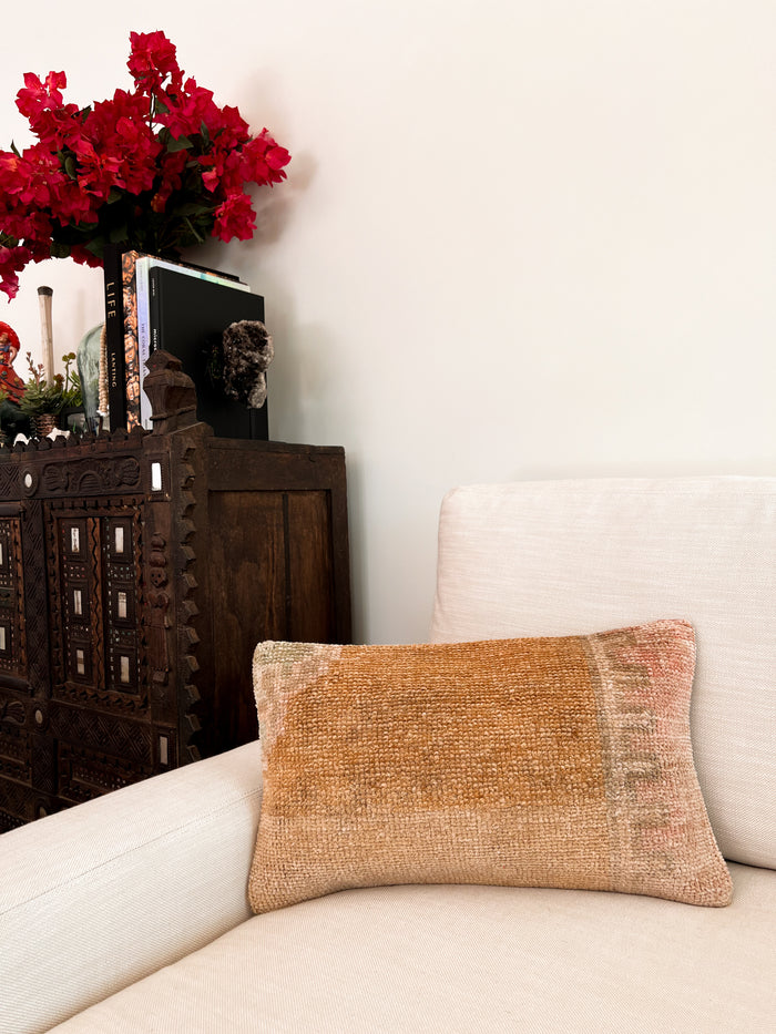 Handmade Turkish oushak pillow cover made with vintage rugs 12x20 gold tan