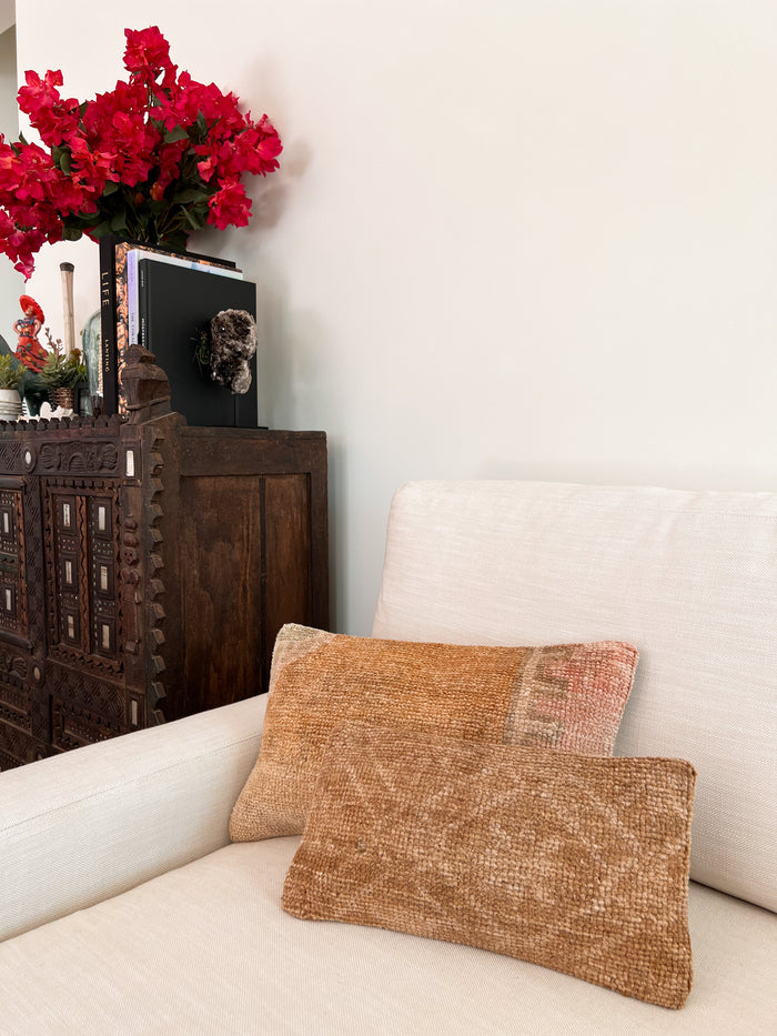 Handmade Turkish oushak pillow cover made with vintage rugs 12x20 gold tan