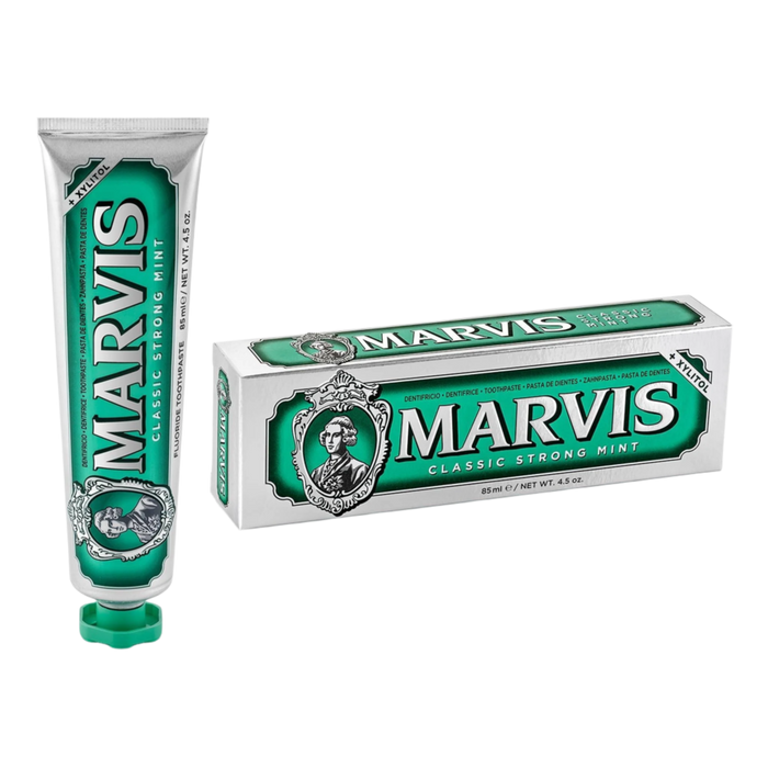 Marvis Classic Strong Mint tannkrem 85 ml med xylitol og fluorid i sølvgrønn emballasje