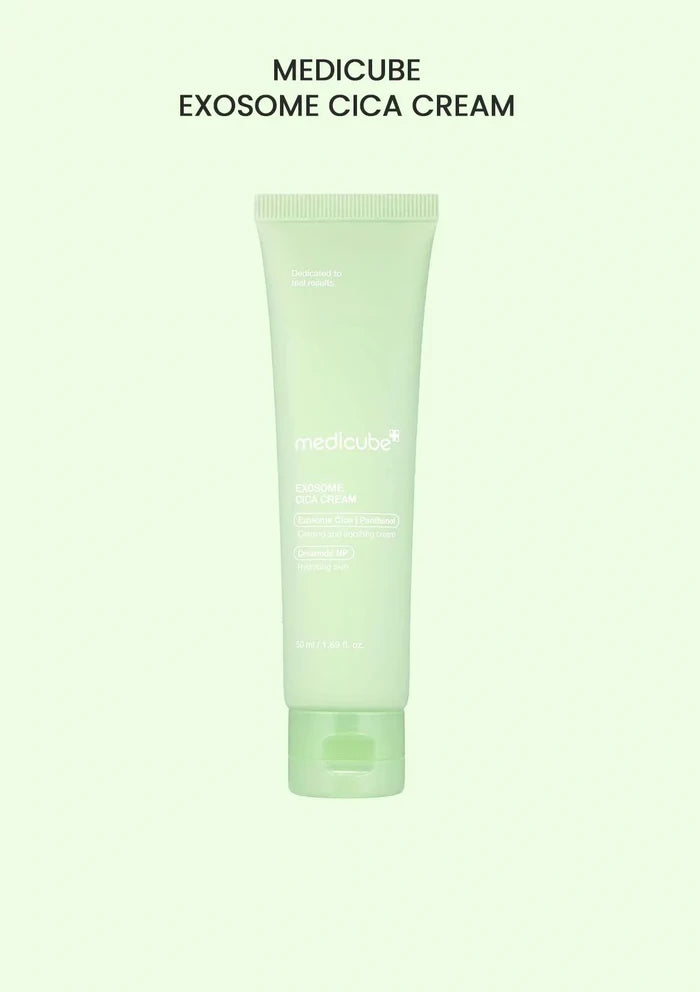 Tube of Medicube Exosome Cica Cream on a light green background