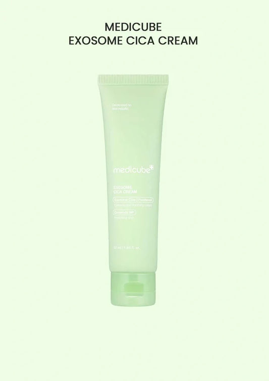 Tube of Medicube Exosome Cica Cream on a light green background