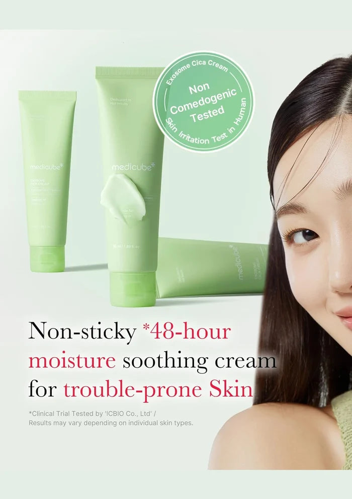 Green skincare cream with a woman's face on a light gray background