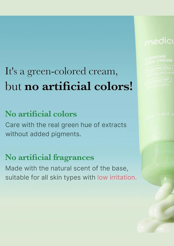 Green-colored cream with text highlighting natural ingredients on a light green background