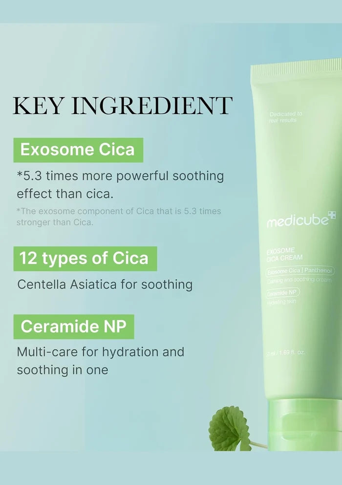 Green skincare product with Exosome Cica, 12 types of Cica, and Ceramide NP on a light blue background