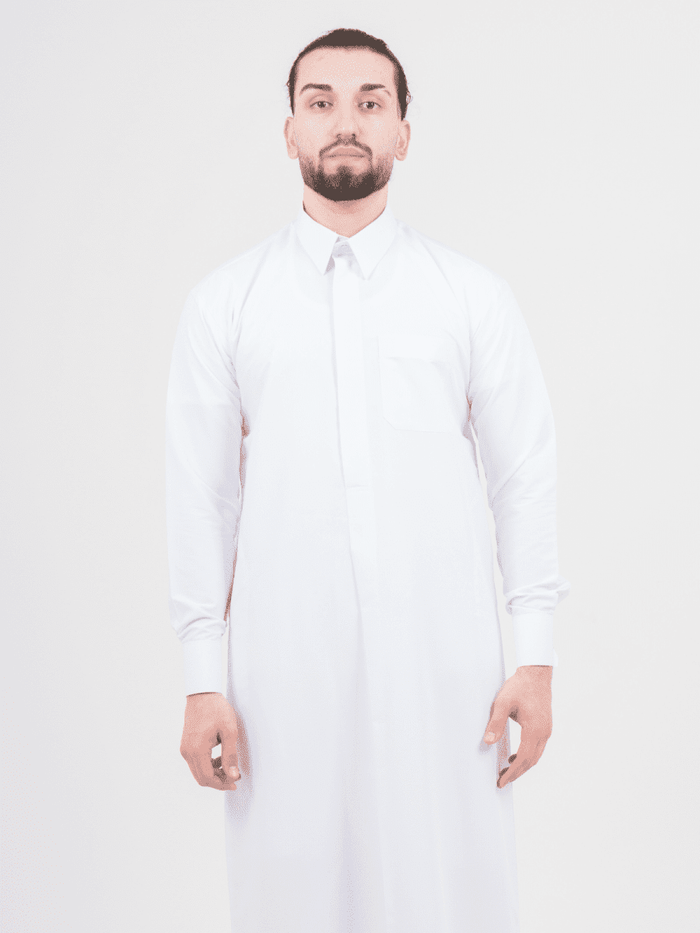 Mens White Cashmere Wool Qatari Thobe with Front Pleat