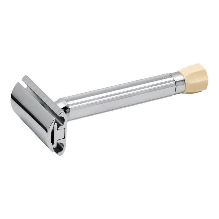 Merkur Progress justerbar barberhøvel med langt metallskaft og sekskantet beige håndtak