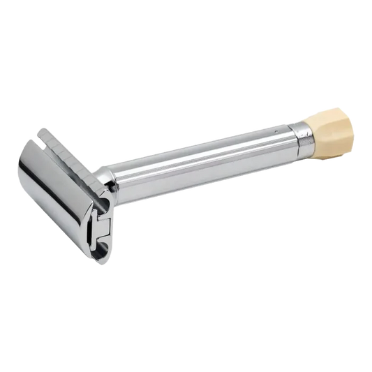 Merkur Progress justerbar barberhøvel med langt metallskaft og sekskantet beige håndtak