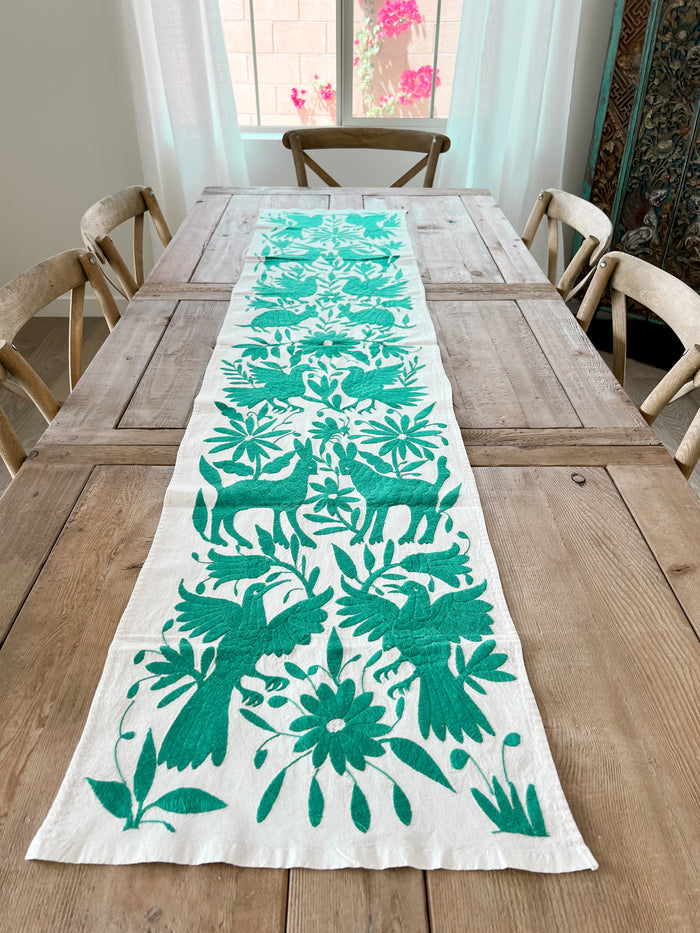 Mexican embroidered Otomi table runner folk art emerald green