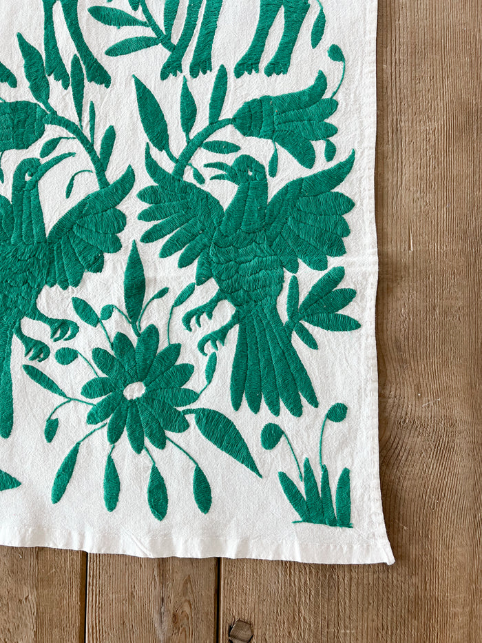 Mexican embroidered Otomi table runner folk art emerald green