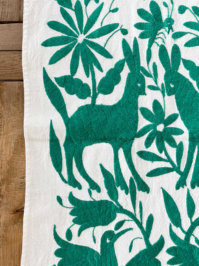 Mexican embroidered Otomi table runner folk art emerald green