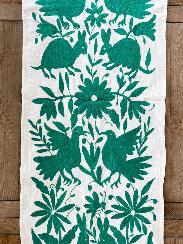 Mexican embroidered Otomi table runner folk art emerald green