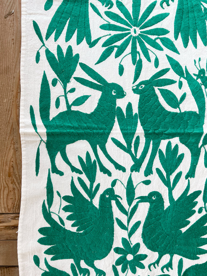 Mexican embroidered Otomi table runner folk art emerald green