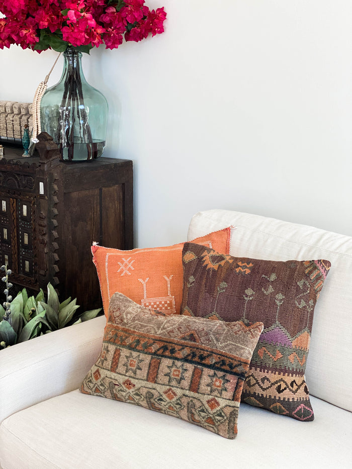 Mischief III Handmade Turkish kilim pillow cover made with vintage rugs 18x18  brown orange