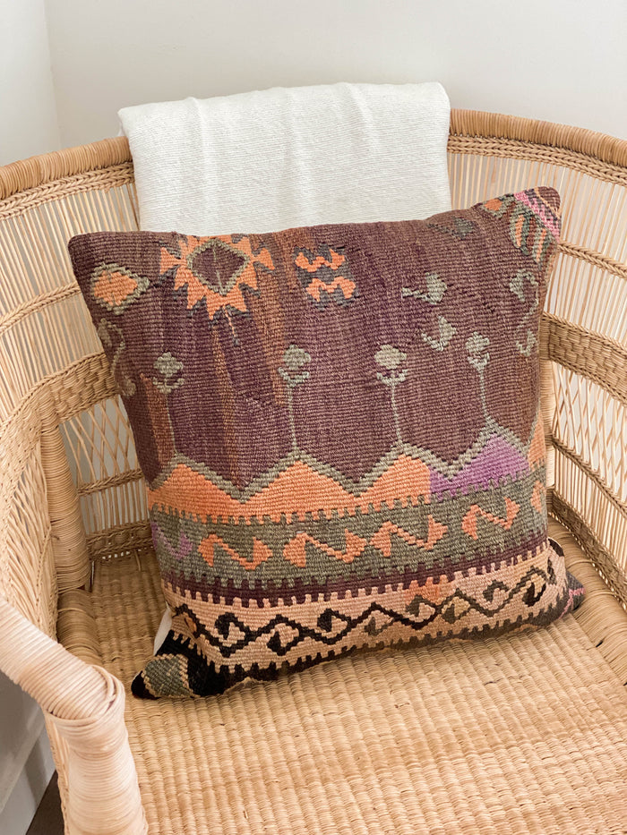 Mischief III Handmade Turkish kilim pillow cover made with vintage rugs 18x18  brown orange