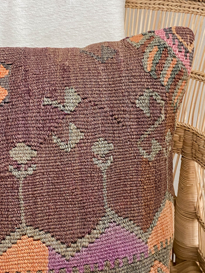 Mischief III Handmade Turkish kilim pillow cover made with vintage rugs 18x18  brown orange