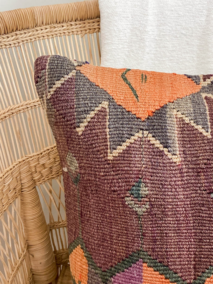 Mischief III Handmade Turkish kilim pillow cover made with vintage rugs 18x18  brown orange
