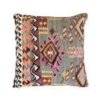 Handmade traditional Turkish kilim pillow cover made with vintage rugs 18x18 green pink orange