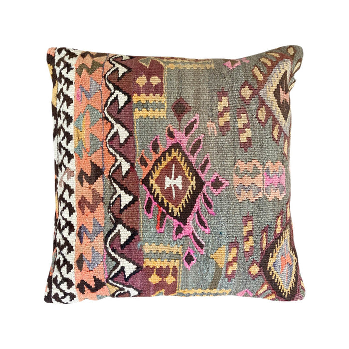 Handmade traditional Turkish kilim pillow cover made with vintage rugs 18x18 green pink orange