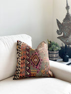 Handmade traditional Turkish kilim pillow cover made with vintage rugs 18x18 green pink orange