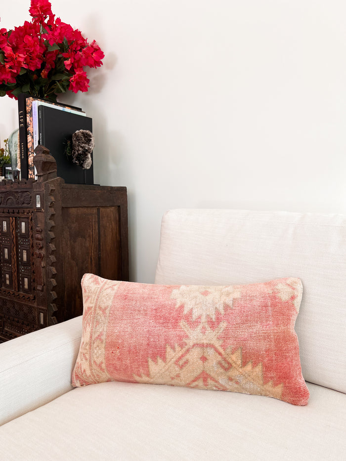 Handmade Turkish oushak pillow cover made with vintage rugs 12x24 pink