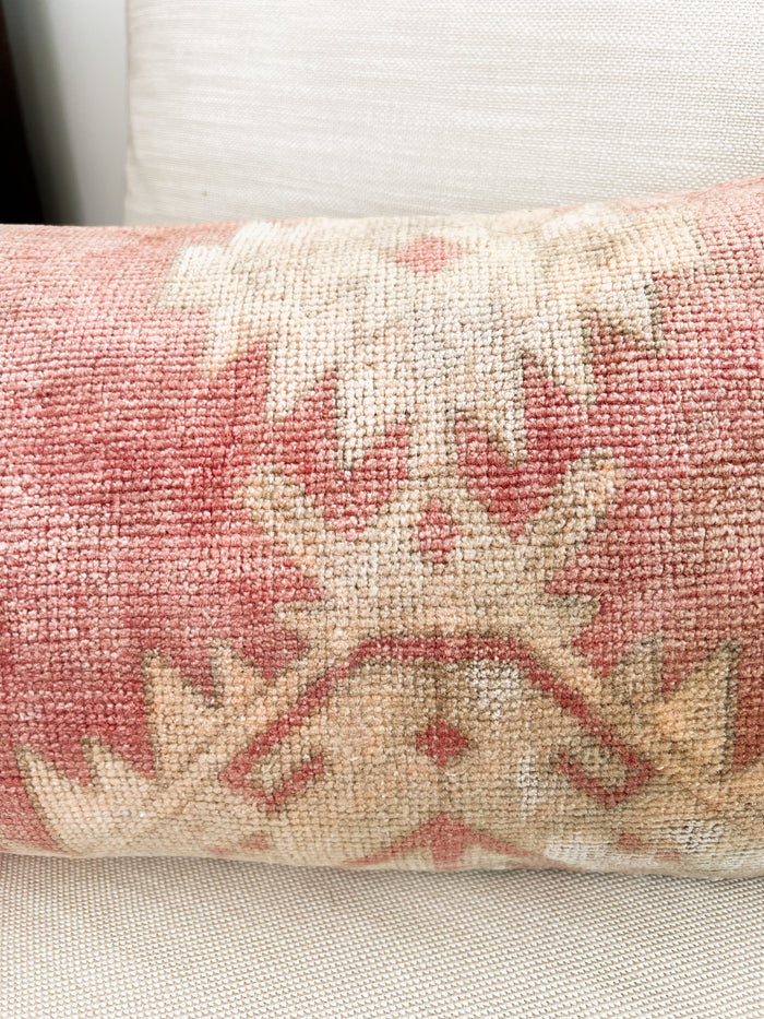 Handmade Turkish oushak pillow cover made with vintage rugs 12x24 pink