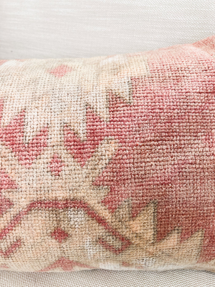 Handmade Turkish oushak pillow cover made with vintage rugs 12x24 pink