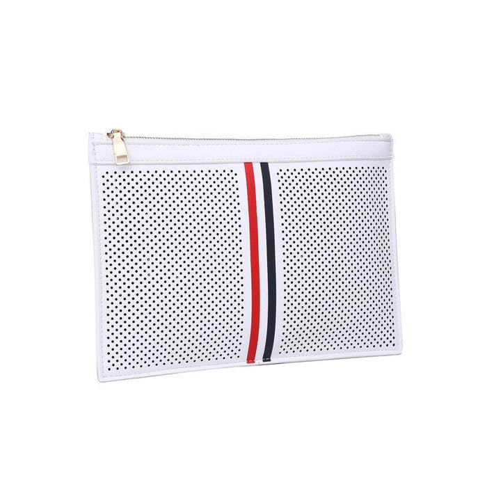 White Moda Luxe Frenchie clutch with perforated design and stripe accent