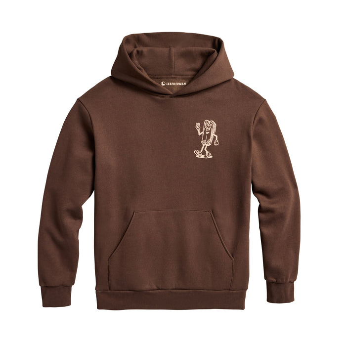 Front of the brown Mr Wave pullover hoodie showing a small mascot designed like the leatherman Wave