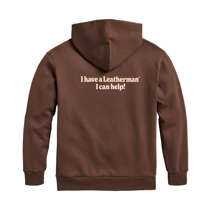 Back of the brown Mr. Wave Hoodie with the slogan "I have a Leatherman, I can help!"