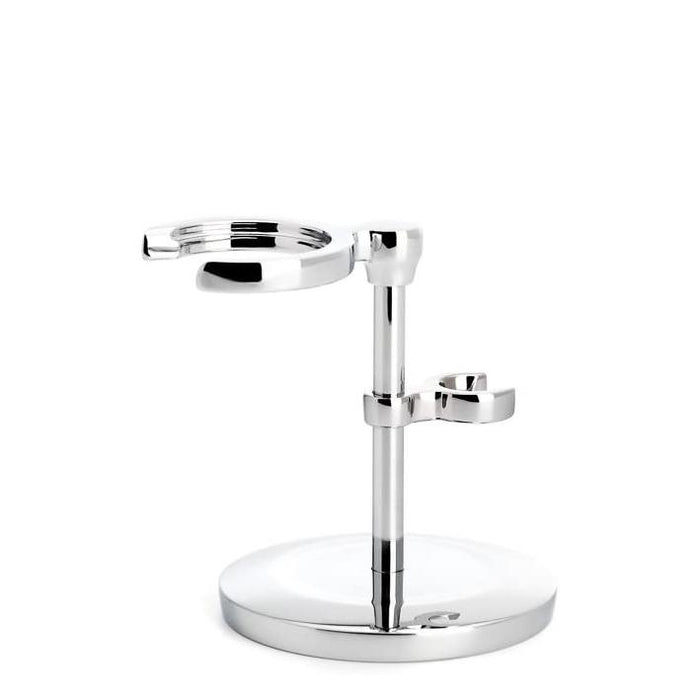 Muhle S091M89 Traditional Black and Chrome Silvertip Badger 3-piece Safety Razor Set stand