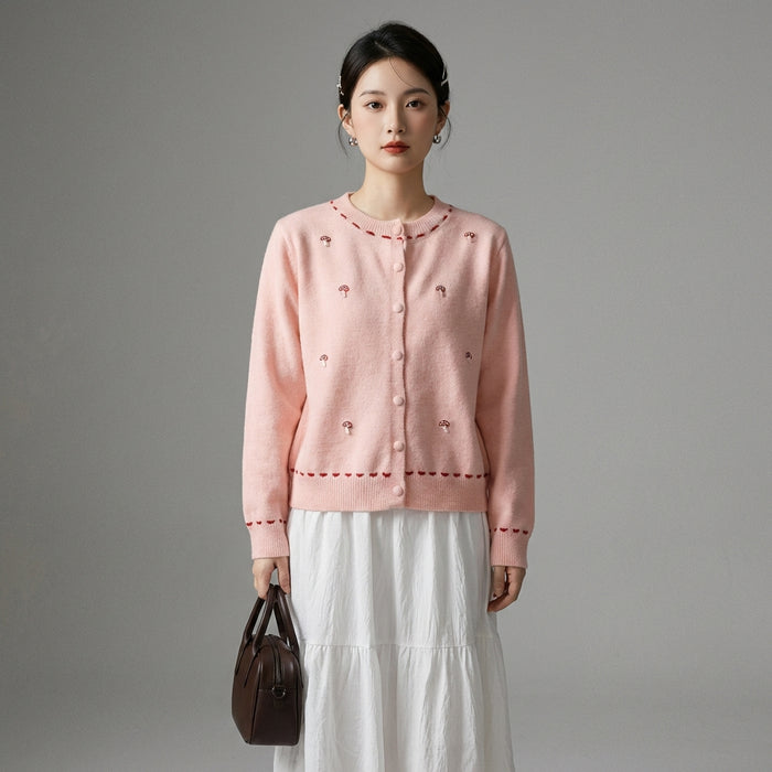 Cardigan tricoté à motifs champignons, coupe ample et col rond - Koreanxwear - Taille One Size