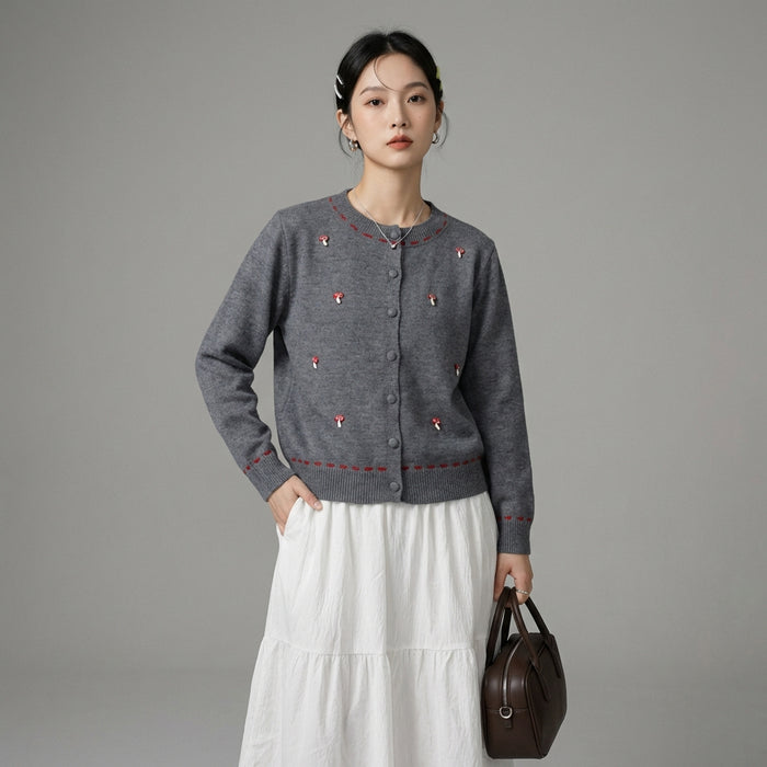 Cardigan tricoté à motifs champignons, coupe ample et col rond - Koreanxwear - Taille One Size