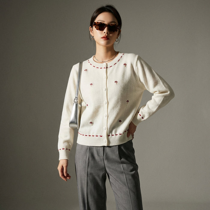 Cardigan tricoté à motifs champignons, coupe ample et col rond - Koreanxwear - Taille One Size