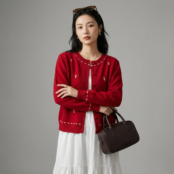 Cardigan tricoté à motifs champignons, coupe ample et col rond - Koreanxwear - Taille One Size