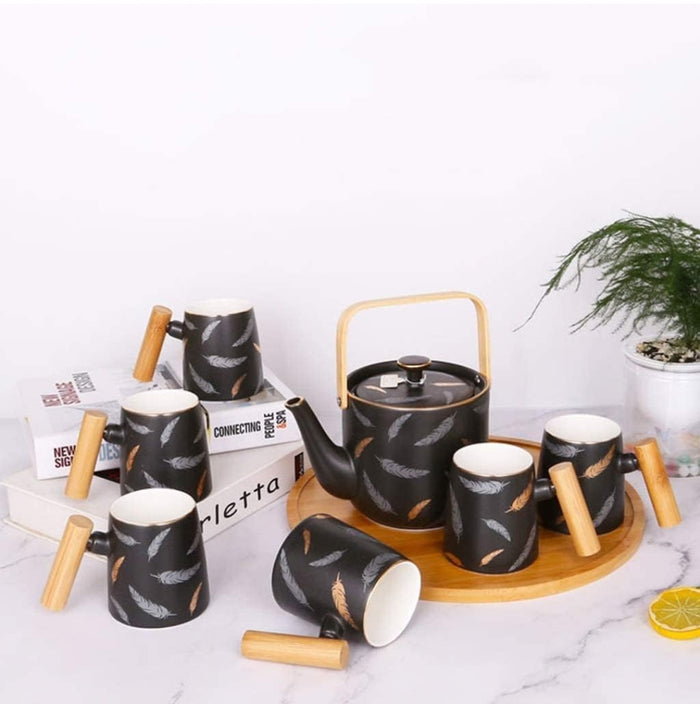 Nordic Feather Ceramic Mug Set with Bamboo Tray – 9 Pcs