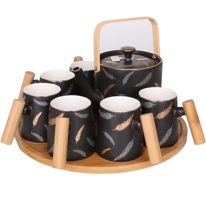 Nordic Feather Ceramic Mug Set with Bamboo Tray – 9 Pcs