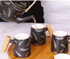 Nordic Feather Ceramic Mug Set with Bamboo Tray – 9 Pcs