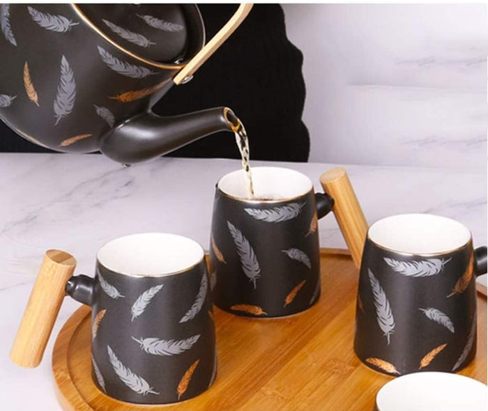 Nordic Feather Ceramic Mug Set with Bamboo Tray – 9 Pcs