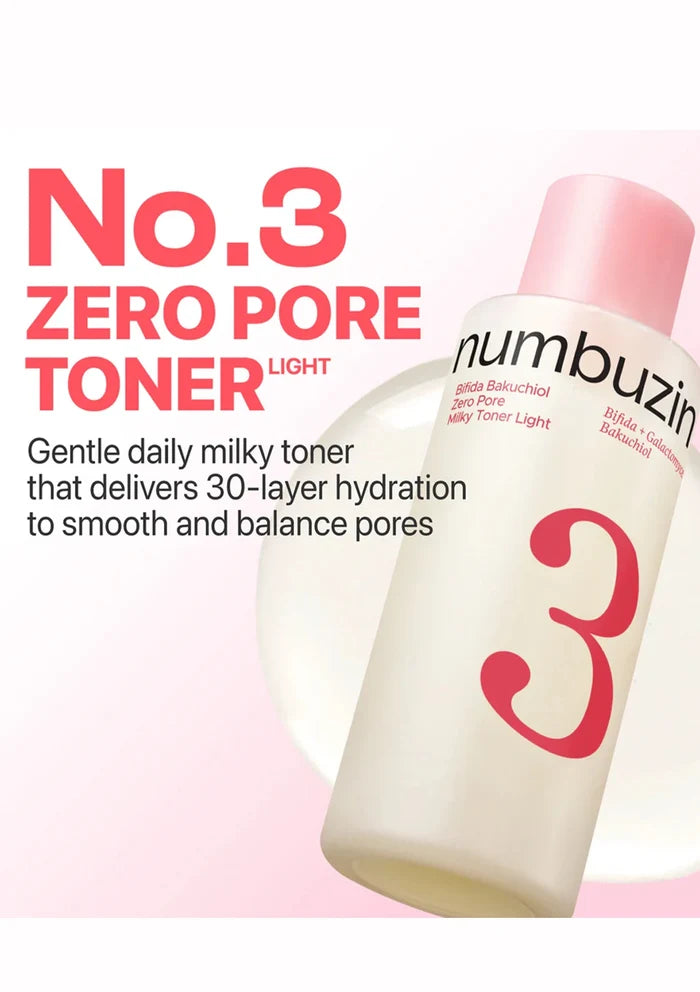 Numbuzin No. 3 Zero Pore Toner Light bottle shown on a soft pink and white background with promotional text.