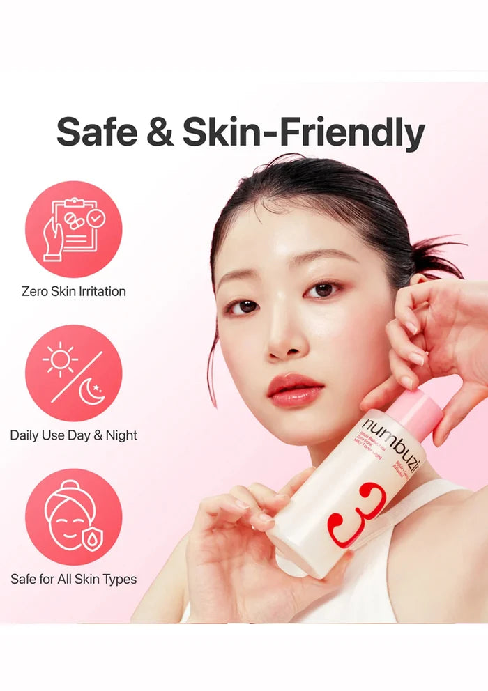 A beauty ad featuring a woman holding a white and pink Nutribio skincare bottle against a light pink background, with text reading 'Safe & Skin-Friendly' and three red icons highlighting zero skin irritation, daily use day and night, and safety for all skin types.