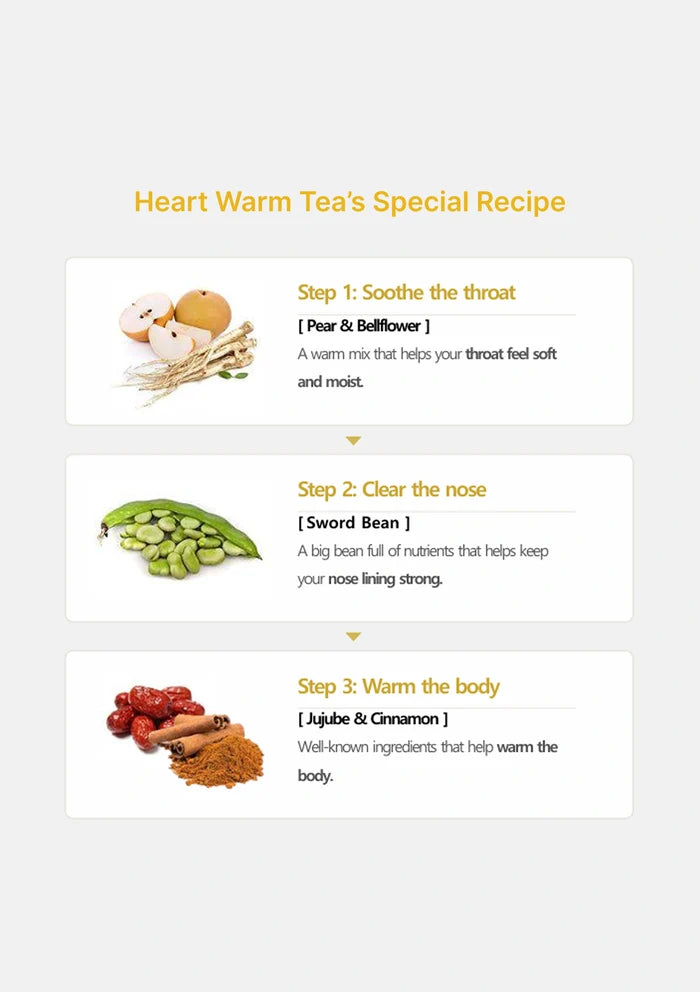 Heart Warm Tea's Special Recipe with ingredients and steps on a white background