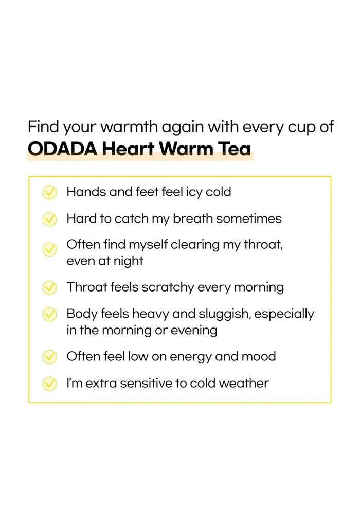 Promotional text for ODADA Heart Warm Tea on a white background