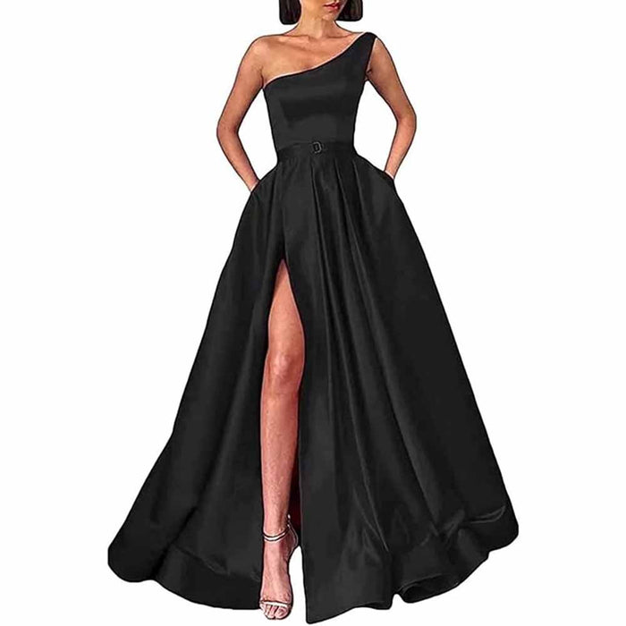 One Shoulder Prom Gown Satin Long Prom Dresses High Split Wedding Party Gowns