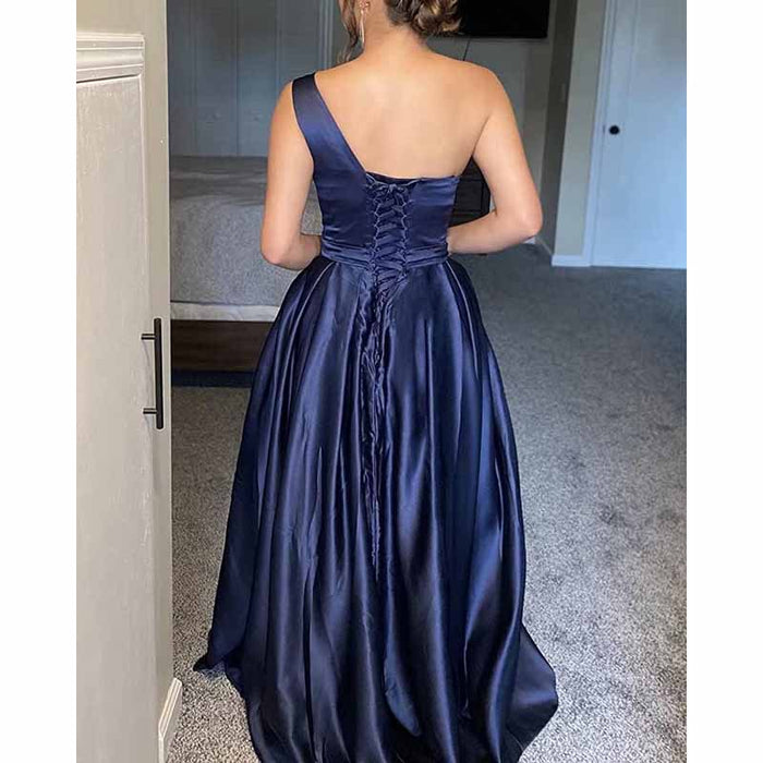 One Shoulder Prom Gown Satin Long Prom Dresses High Split Wedding Party Gowns