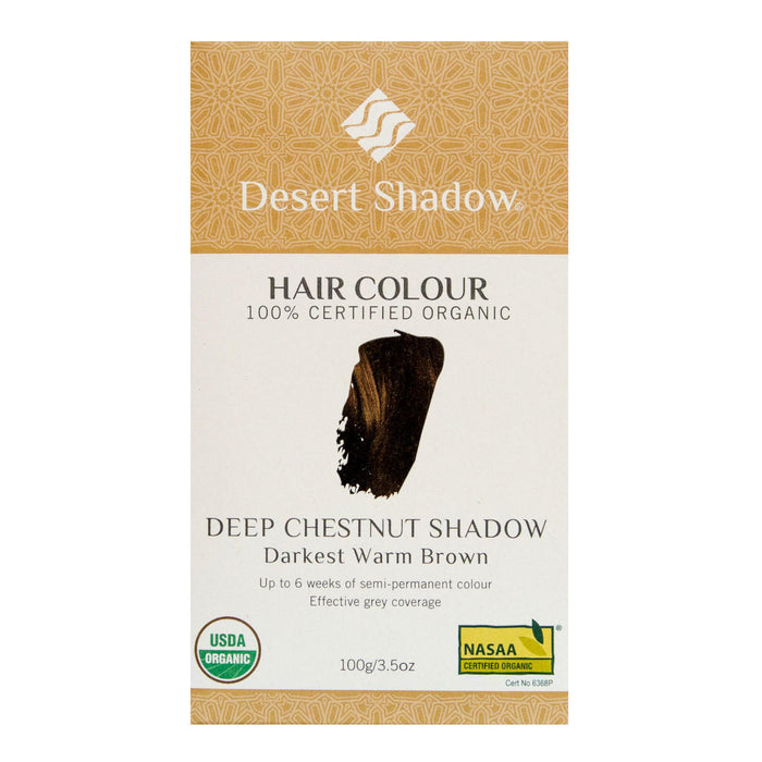 Desert Shadow hair color package with a brown shade swatch on a white background.
